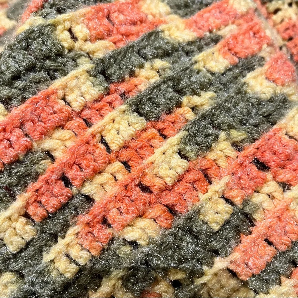 Vintage ca 70s Handmade Orange, Green, and Yellow Crocheted Afghan Blanket